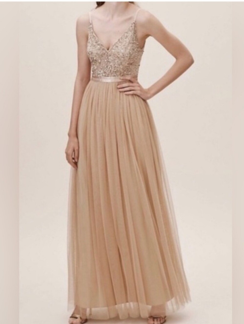 BHLDN Elegant Beaded V-Neck Evening Dress in Champagne Size 4
